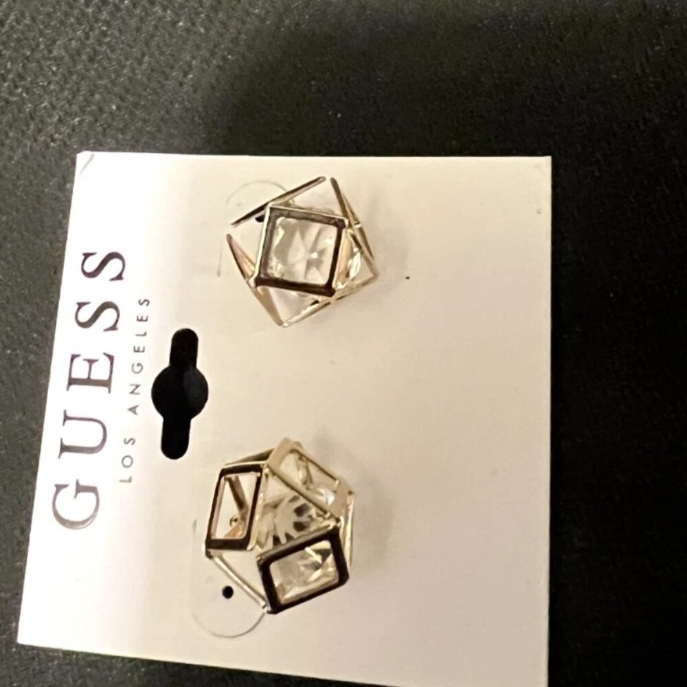 NWT Guess Geometric Cage with Floating Crystal Bead Earrings Gold Tune